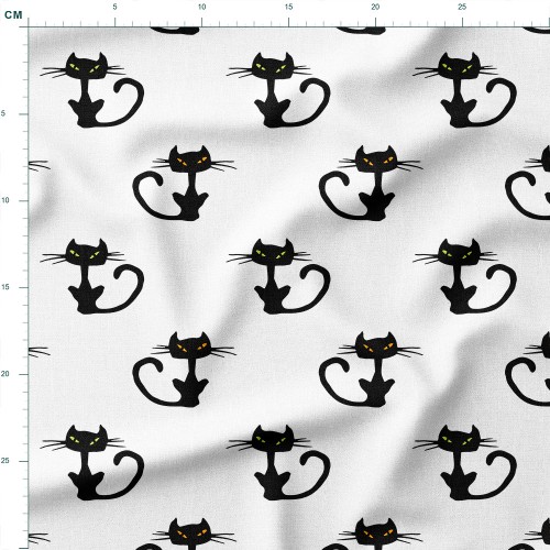 Tkanina lniana Czarne koty z żółtymi oczami na białym tle – tkanina drukowana na metry