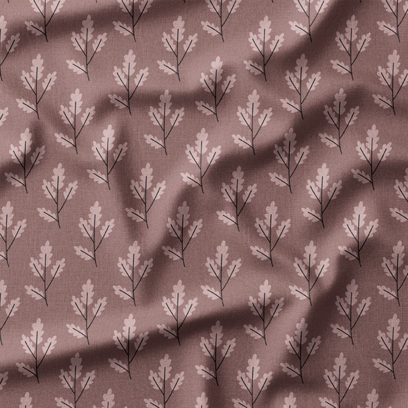 Listki dębu na gałązkach na mauve tle – len z nadrukiem