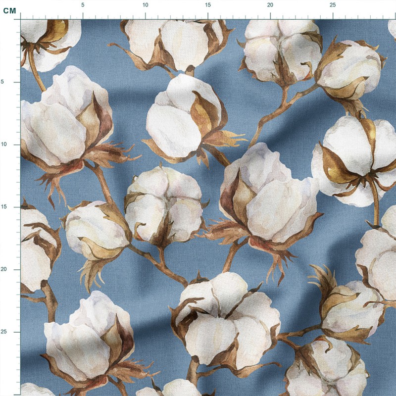 Tkanina lniana Kwiaty bawełny na szaroniebieskim tle – tkanina drukowana na metry