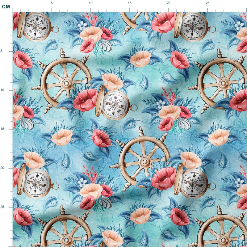 Tkanina lniana Koła sterowe i kompasy wśród kwiatów – tkanina drukowana na metry