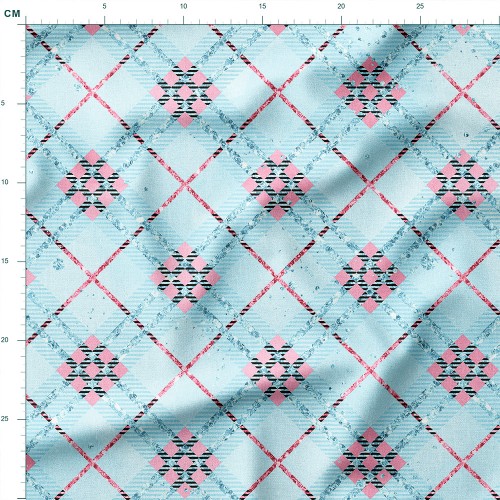 Tkanina lniana Błękitna krata argyle z różowymi rombami – tkanina drukowana na metry