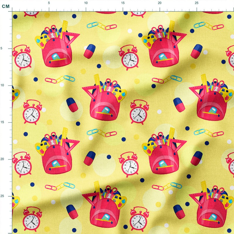 Tkanina lniana Plecaki szkolne z budzikami na żółtym tle – tkanina drukowana na metry