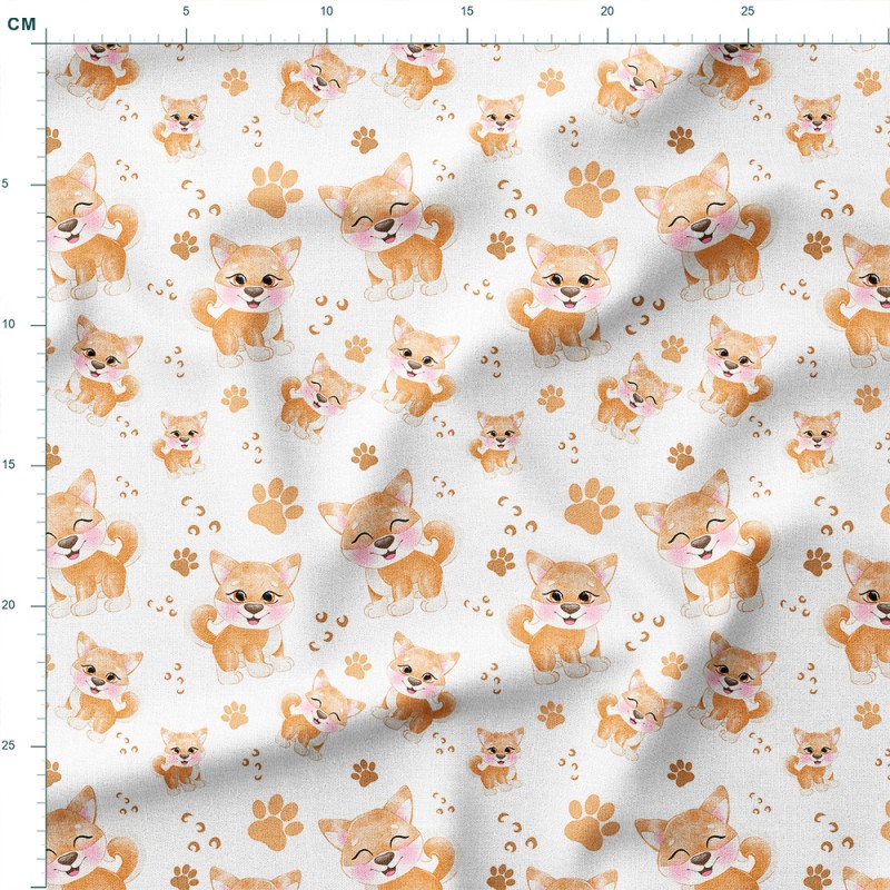 Tkanina lniana Uśmiechnięte pieski shiba i odciski łap – tkanina drukowana na metry
