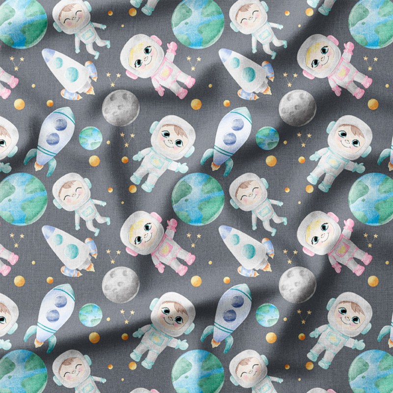 Uśmiechnięci astronauci wśród rakiet i planet – len z nadrukiem