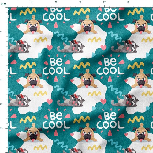 Tkanina lniana Wyluzowany piesek i kotek z napisem Be Cool – tkanina drukowana na metry