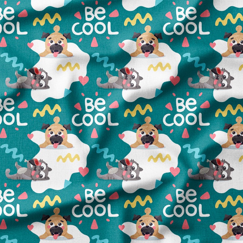 Wyluzowany piesek i kotek z napisem Be Cool – len z nadrukiem