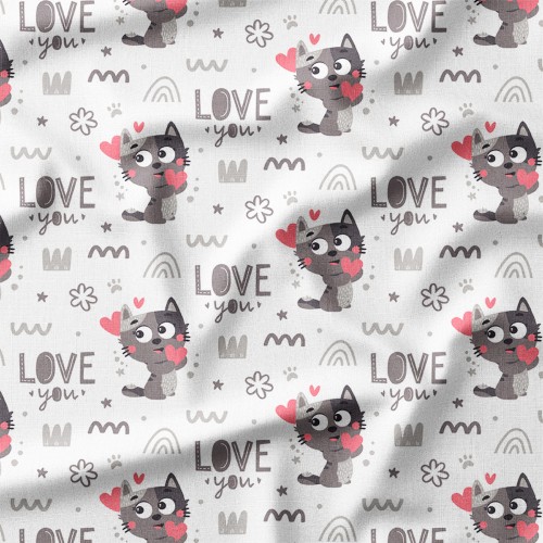 Tkanina lniana Szare kotki z sercami i napisem Love You – tkanina drukowana na metry