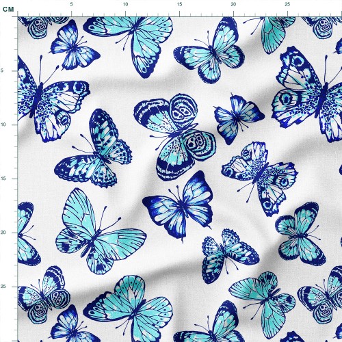 Tkanina lniana Motyle w odcieniach granatu i turkusu – tkanina drukowana na metry