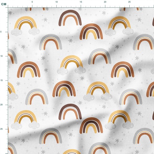 Tkanina lniana Beżowo-szare tęcze z chmurkami i gwiazdkami – tkanina drukowana na metry