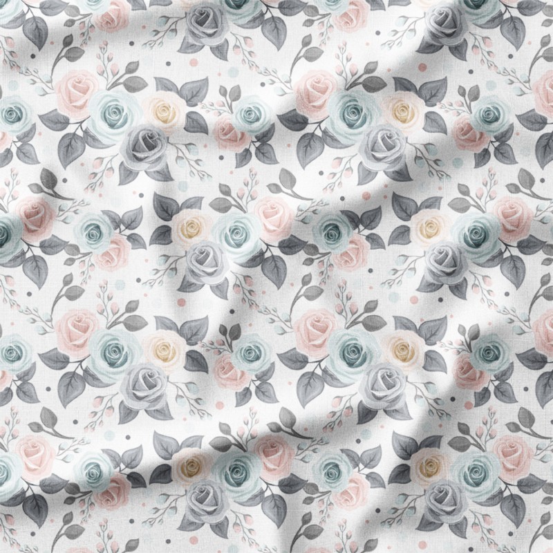 Szare i pudrowe róże w bukietach – len z nadrukiem