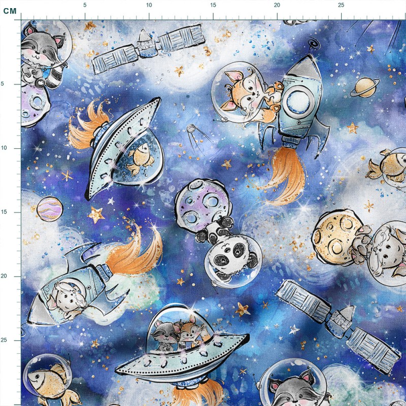 Tkanina lniana Zwierzęta kosmonauci w rakietach i ufo – tkanina drukowana na metry