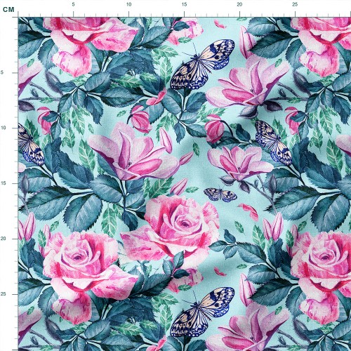 Tkanina lniana Róże i magnolie z motylami na turkusie – tkanina drukowana na metry