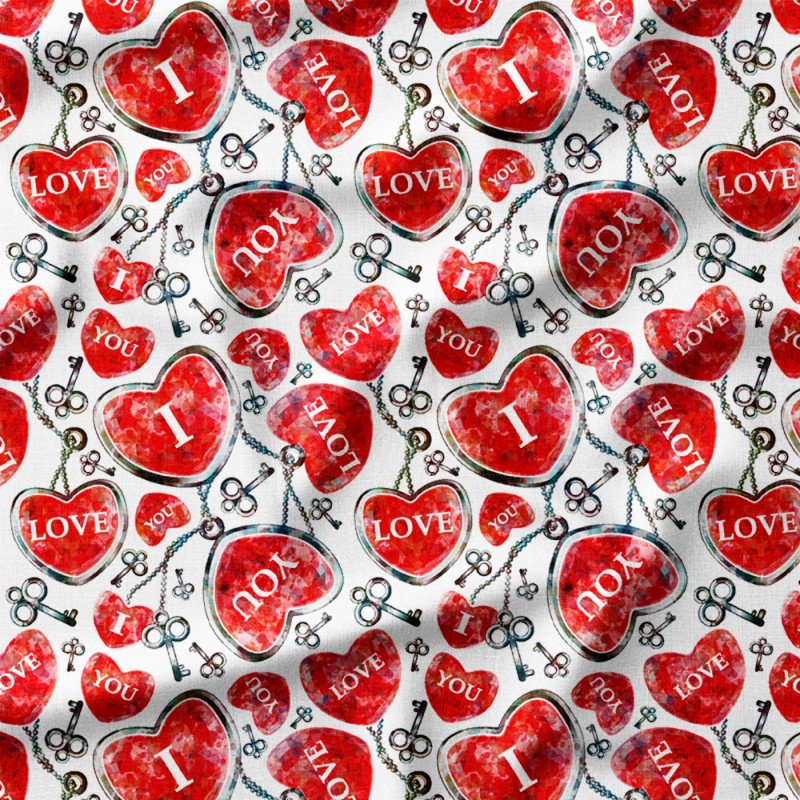 Czerwone serca z kluczami i napisem I love you – len z nadrukiem