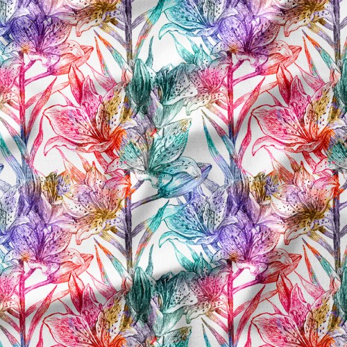 Tkanina lniana Wielobarwne lilie akwarela – tkanina drukowana na metry