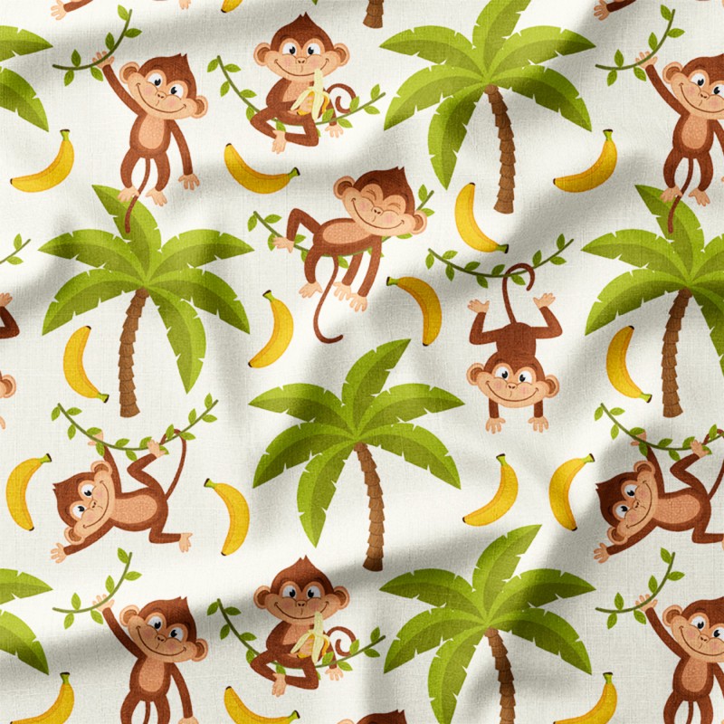 Wesołe małpki z bananami na palmach – len z nadrukiem