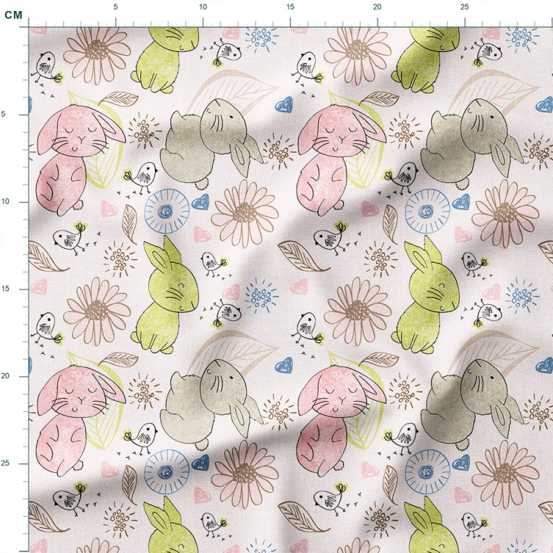 Tkanina lniana Kolorowe zajączki wśród kwiatów i ptaszków – tkanina drukowana na metry