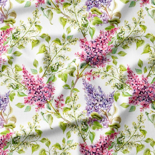 Tkanina lniana Gałązki bzu w różu i fiolecie – tkanina drukowana na metry