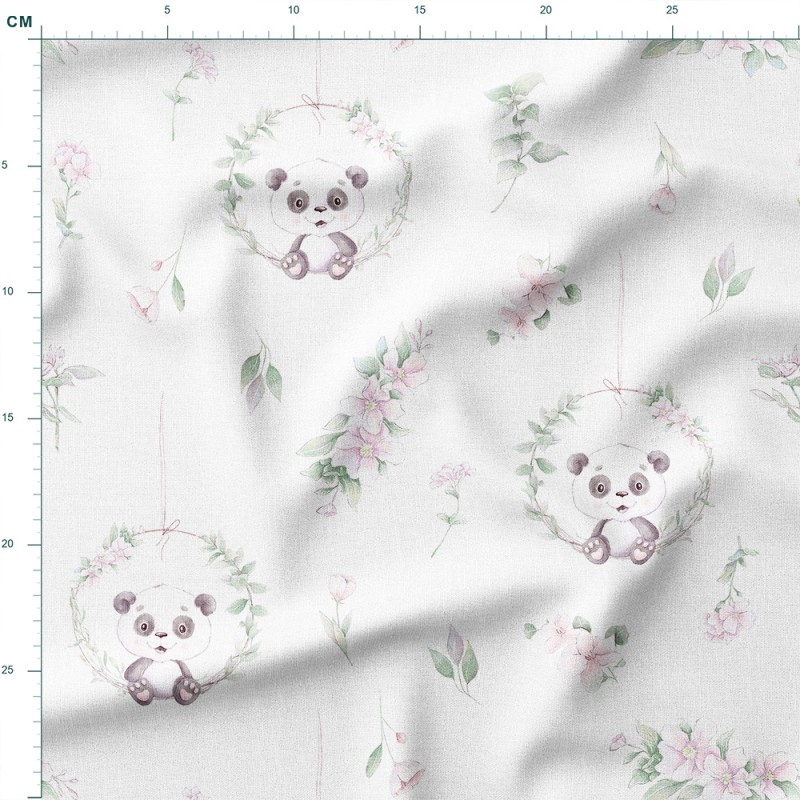 Tkanina lniana Pandy w kwiatowych wiankach na białym tle – tkanina drukowana na metry