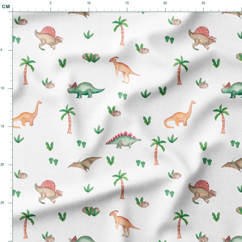Tkanina lniana Dinozaury akwarelowe z palmami – tkanina drukowana na metry
