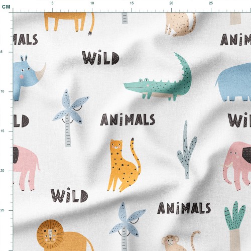 Tkanina lniana Zwierzęta safari z napisami Wild Animals – tkanina drukowana na metry