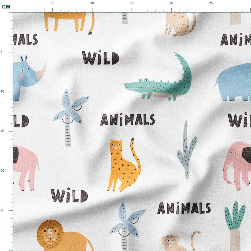 Tkanina lniana Zwierzęta safari z napisami Wild Animals – tkanina drukowana na metry