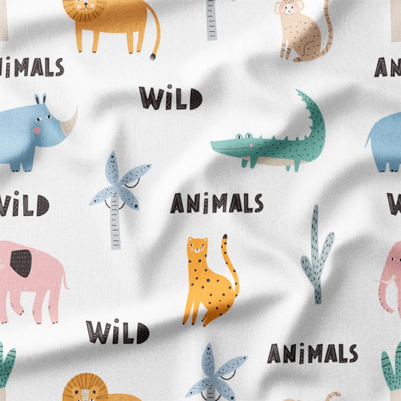 Zwierzęta safari z napisami Wild Animals – len z nadrukiem