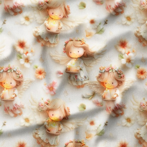 Tkanina lniana Aniołki ze świeczkami wśród kwiatów – tkanina drukowana na metry