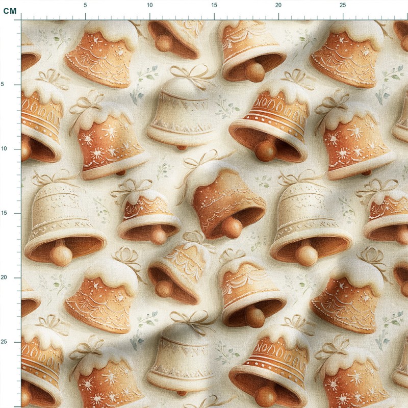 Tkanina lniana Piernikowe dzwonki z lukrem i kokardkami – tkanina drukowana na metry