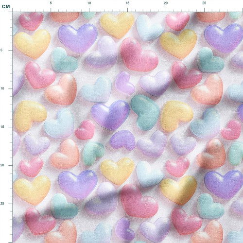 Tkanina lniana Puchate serduszka 3D w pastelowych kolorach – tkanina drukowana na metry