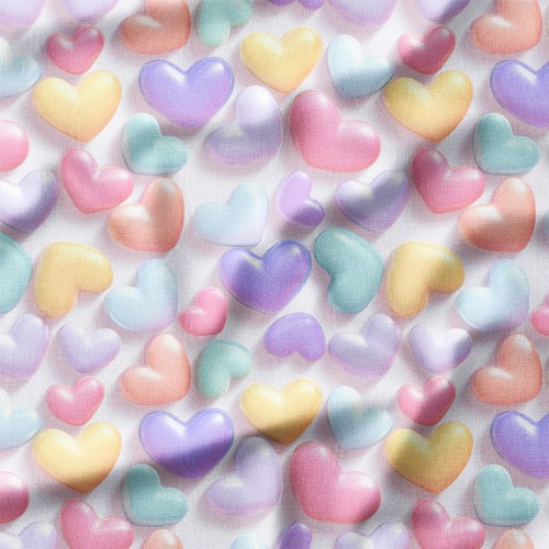 Tkanina lniana Puchate serduszka 3D w pastelowych kolorach – tkanina drukowana na metry