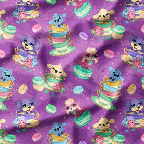 Tkanina bawełniana premium Pieski w filiżankach z makaronikami i różami – tkanina drukowana na metry