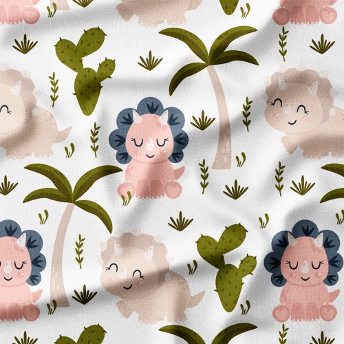 Tkanina bawełniana premium Uśmiechnięte dinozaury wśród palm i kaktusów – tkanina drukowana na metry