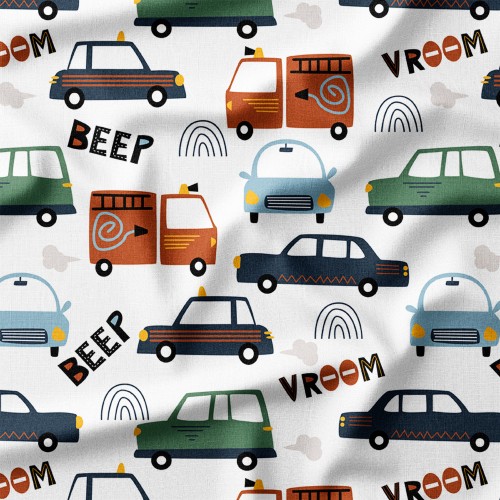 Tkanina bawełniana premium Samochody i wozy strażackie z napisami Beep i Vroom – tkanina drukowana na metry