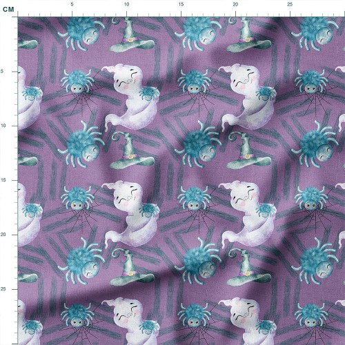 Tkanina bawełniana premium Uśmiechnięte pająki i duszki z kapeluszami czarownic – tkanina drukowana na metry
