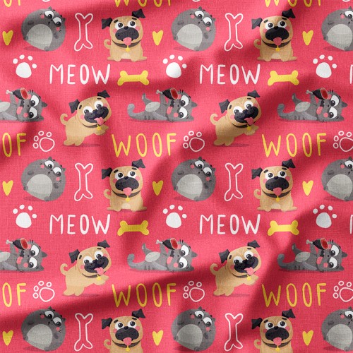 Tkanina bawełniana premium Mopsy i kotki z napisami Meow i Woof – tkanina drukowana na metry