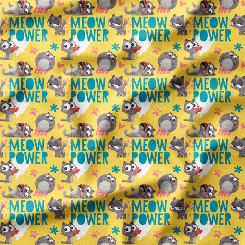 Tkanina bawełniana premium Zabawne kotki z kiełbaskami i napisem Meow Power – tkanina drukowana na metry