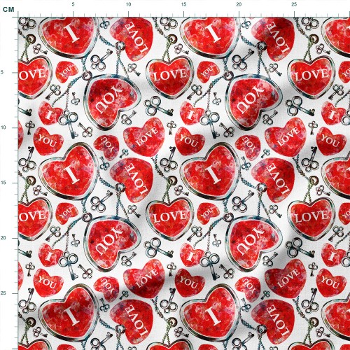 Tkanina bawełniana premium Czerwone serca z kluczami i napisem I love you – tkanina drukowana na metry