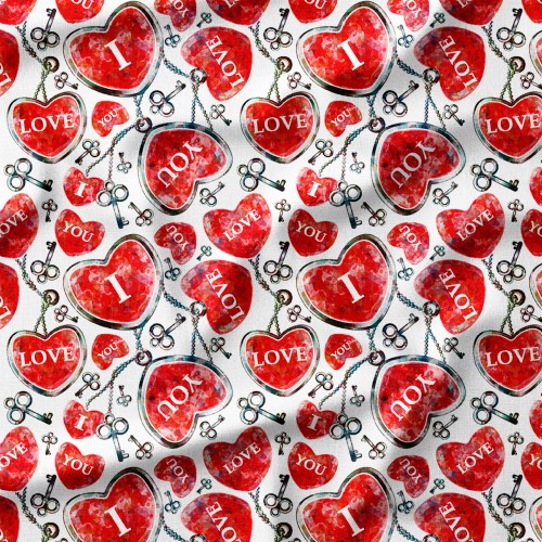 Tkanina bawełniana premium Czerwone serca z kluczami i napisem I love you – tkanina drukowana na metry
