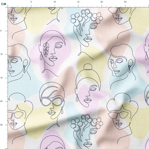 Tkanina bawełniana premium Kobiece twarze line art na pastelowych plamach – tkanina drukowana na metry