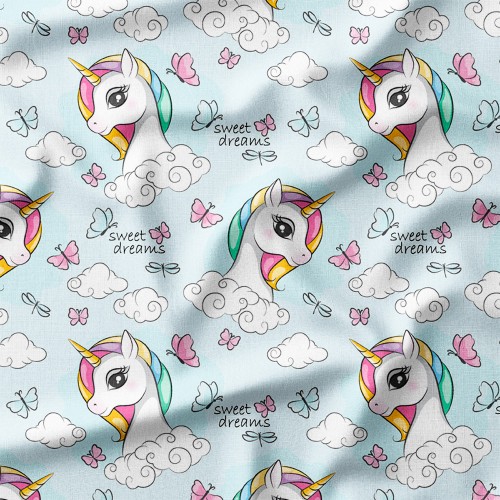 Tkanina bawełniana premium Jednorożce na chmurkach z motylami sweet dreams – tkanina drukowana na metry