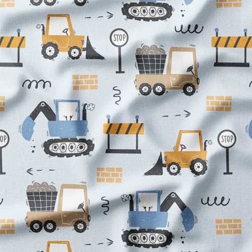 Tkanina bawełniana premium Koparki i wywrotki na budowie – tkanina drukowana na metry