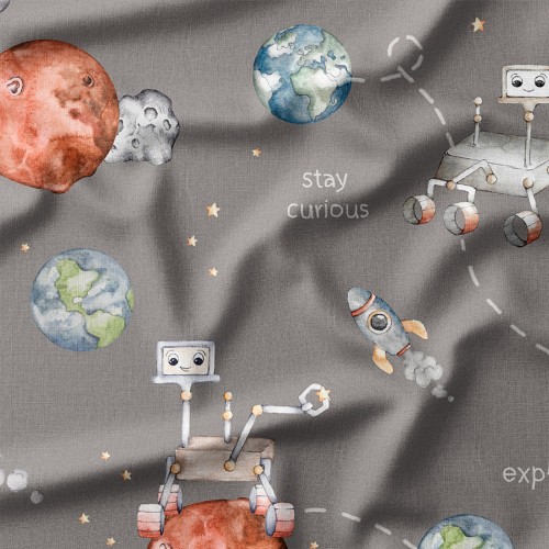 Tkanina bawełniana premium Łaziki i rakiety na czerwonych planetach – tkanina drukowana na metry
