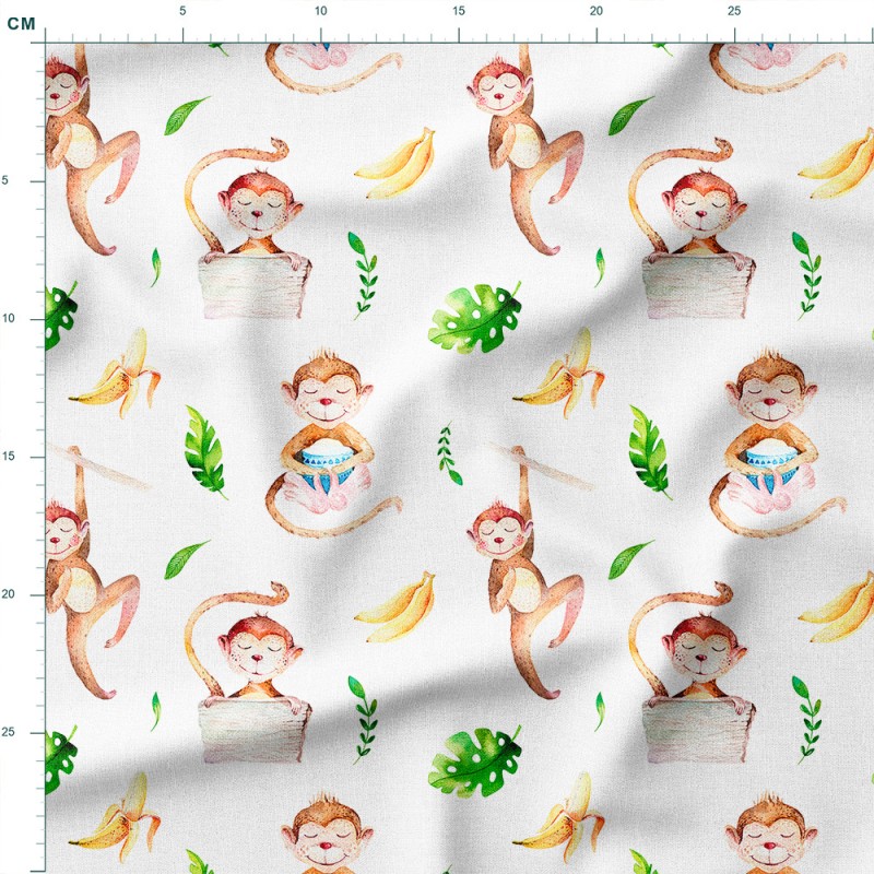 Tkanina bawełniana premium Uśmiechnięte małpki z bananami wśród liści monstery – tkanina drukowana na metry