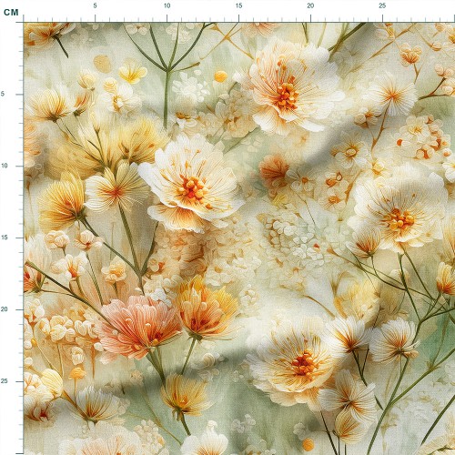 Tkanina bawełniana premium Kremowo-brzoskwiniowe kwiaty polne akwarela – tkanina drukowana na metry