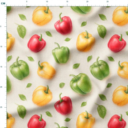 Bawełna satynowa Kolorowe papryki z listkami na kremowym tle – tkanina drukowana na metry