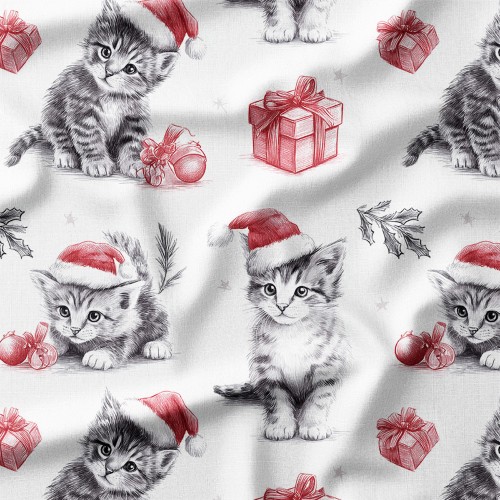 Bawełna satynowa Kotki rysowane ołówkiem w czapkach Mikołaja z prezentami – tkanina drukowana na metry