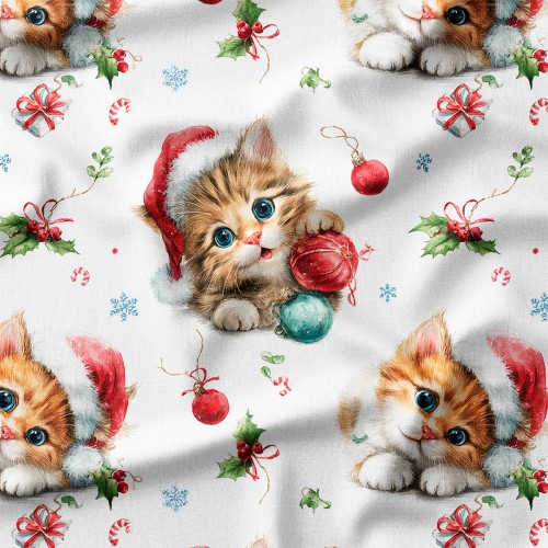 Rude kotki w czapkach Mikołaja z bombkami i ostrokrzewem – Oxford z nadrukiem