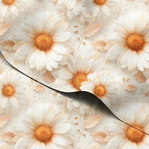 Tkanina wodoodporna Oxford Białe stokrotki z pomarańczowymi środkami na kremowym tle – tkanina drukowana