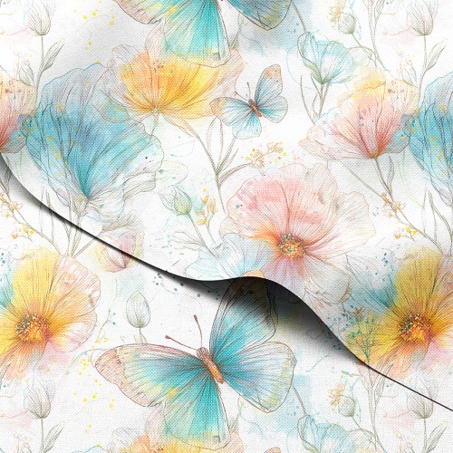 Tkanina wodoodporna Oxford Pastelowe kwiaty i motyle rysowane kreską – tkanina drukowana