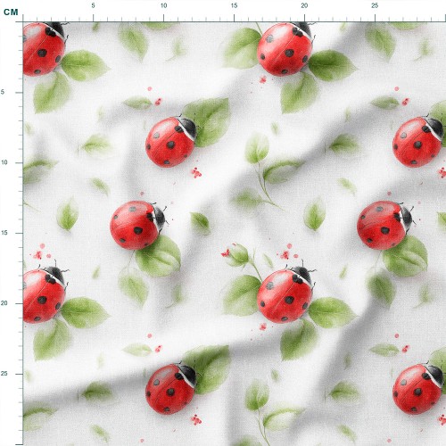 Tkanina bawełniana Biedronki na zielonych listkach na białym tle – tkanina drukowana na metry